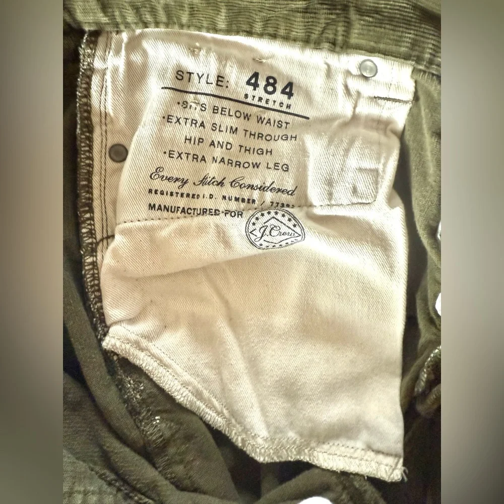 J CREW Men’s Green Corduroy 484 Pants Slim Size 32 x 34